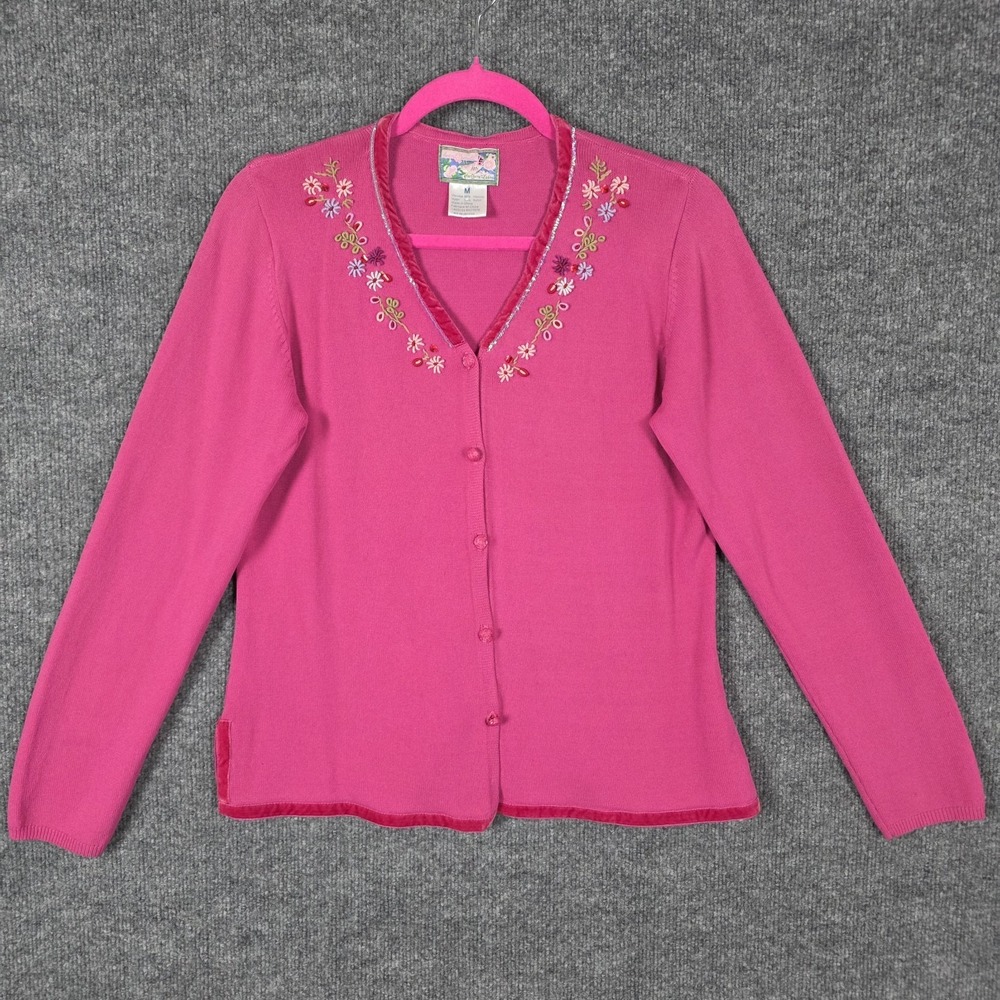 April Cornell Cardigan Sweater M‎ Pink Velvet Floral Embroidered Sequin Trim
